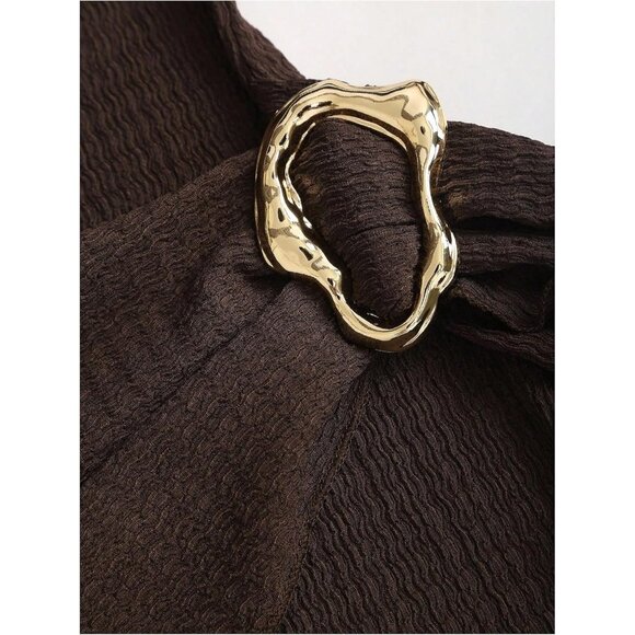 Women's Coffee Textured Mock Neck Dress Long Bell Sleeve Ruched Bodice - Picture 4 of 5